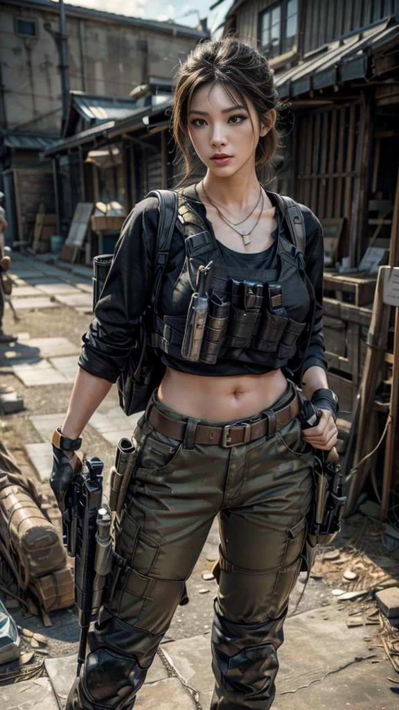 (Realistic photos:1.3, 16k, highest quality, masterpiece, Ultra-high resolution), Perfect dynamic composition:1.2, Very detailedな肌と顔の質感:1.2, , (Covered in scars:1.0, war:1.0, battlefield:1.0, warの世界:1.0, Increase the disruptive element:1.0, rubble:1.0, Innovative Configuration:1.0), Professional camera work, Action pose:1.0, Very detailed, Beautiful Japanese women serving in the US military, (Automatic rifle:0.5, Bulletproof vest:0.5, Torn clothes:0.5, Backpack:0.5, boots), Incredibly slim body, Fair skin, Very beautiful face, Stern expression, Shapely breasts, Chest gap, (Big eyes that exude beautiful eroticism, Lips that exude beautiful eroticism), Cowboy Shot, necklace, Earrings, bracelet