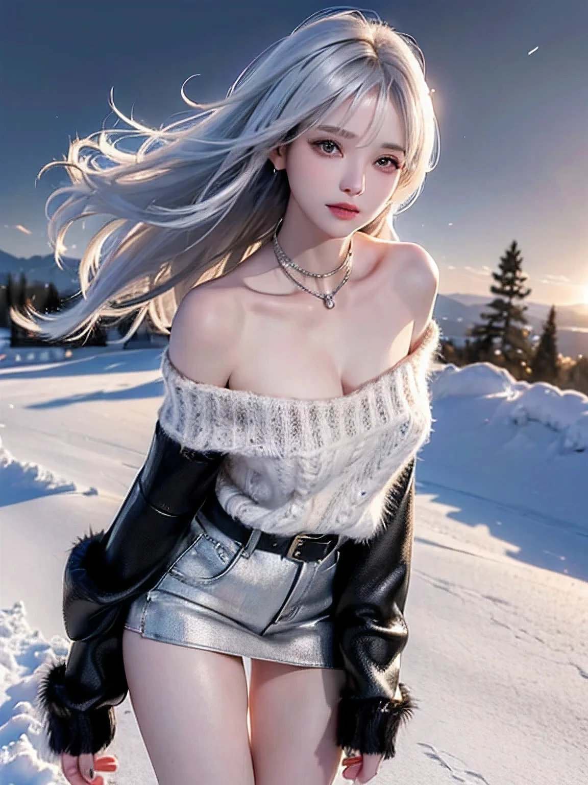 (Above the knee images:1.5)((masterpiece:1.5、8k、Portraiture、Photorealistic and very detailed CG、Very detailed、Particle Effects、Dynamic Effects、Written boundary depth、Cinematic Light、Lens flare、Ray Tracing、Tabletop、Realistic:1.4、超A high resolution:1.2、Realistic、Realistic))((alone、Off-the-shoulder sweater,No sleeve,A woman wearing a black fur-trimmed leather coat over an off-the-shoulder knit sweater:1.4、Elegant woman posing:、Detailed face、Bright expression、young, Brighter, Whiter skin、Small breasts:1.4、Best Looks、Ultimate beauty、Silver hair with shiny highlights、Bright shiny hair,、Modern Hairstyles、Hair dancing in the wind))(morning、The setting is a snowy hill overlooking the ruins.)Emphasize cleavage