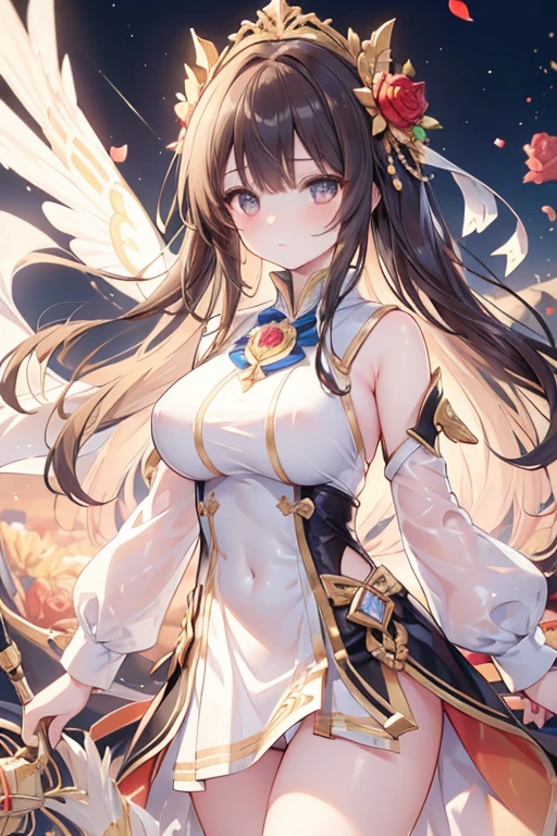 Masterpiece quality,The best quality assurance。A brown hair、Cute girl with golden eyes。Tsundere,Exudes magic,With a rose headdress,Long hair flutters in the wind,naughty big breasts,White sportswear,Genki girl,Behind it is the desert