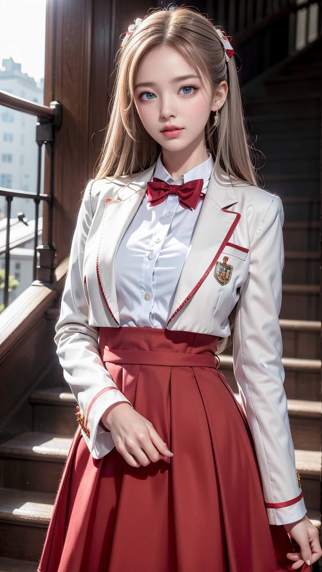 (Girl standing on stairs in park),top quality work,Real work,Ultra premium graphics,8K HD CG Works,high quality graphics,High-definition CG works,10x pixels,super fine details:1.1,Advanced technical details:1.1Photo-realistic,indoor lighting effects:1.5,Natural light:1.5. light effect(virtual light effect:1.8),超A high resolution,shiny red dress,長いsilver hair,silver hair,transparent hair,high detail hair(premium hair detail:1.1)clear eyes,beautiful double eyelids,sharp eye makeup, delicate eyelash makeup, thin eyebrows, highly detailed eyes,high nose, nice red lips, rose cheeks, A face with delicate makeup , cute face, perfectly proportioned face,(Advanced facial details:1.1),shiny,Wonderful dress,bright red series,(white blazer) 、(white blouse)、(red bow tie)、(checked skirt)、、girls 、photo shoot,woman'artwork of,full body figure,realism,wonderful,My eyes are shining today