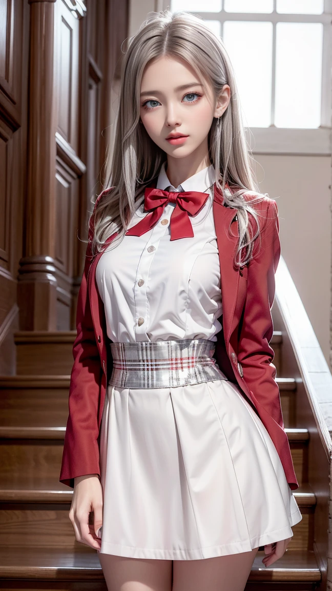 (Girl standing on stairs in park),top quality work,Real work,Ultra premium graphics,8K HD CG Works,high quality graphics,High-definition CG works,10x pixels,super fine details:1.1,Advanced technical details:1.1Photo-realistic,indoor lighting effects:1.5,Natural light:1.5. light effect(virtual light effect:1.8),超A high resolution,shiny red dress,長いsilver hair,silver hair,transparent hair,high detail hair(premium hair detail:1.1)clear eyes,beautiful double eyelids,sharp eye makeup, delicate eyelash makeup, thin eyebrows, highly detailed eyes,high nose, nice red lips, rose cheeks, A face with delicate makeup , cute face, perfectly proportioned face,(Advanced facial details:1.1),shiny,Wonderful dress,bright red series,(white blazer) 、(white blouse)、(red bow tie)、(checked skirt)、、girls 、photo shoot,woman'artwork of,full body figure,realism,wonderful,My eyes are shining today