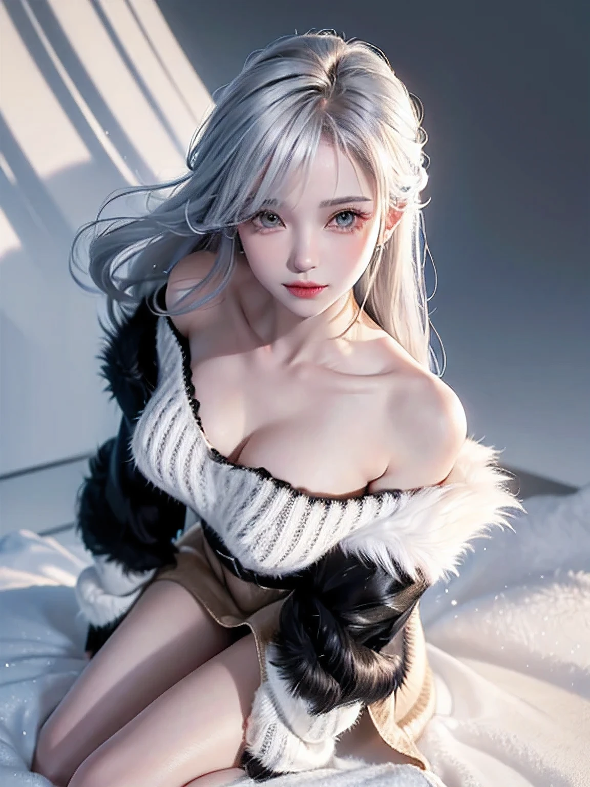 (Above the knee images:1.5)((masterpiece:1.5、8k、Portraiture、Photorealistic and very detailed CG、Very detailed、Particle Effects、Dynamic Effects、Written boundary depth、Cinematic Light、Lens flare、Ray Tracing、Tabletop、Realistic:1.4、超A high resolution:1.2、Realistic、Realistic))((alone、Off-the-shoulder sweater,No sleeve,A woman wearing a black fur-trimmed leather coat over an off-the-shoulder knit sweater:1.4、Elegant woman posing:、Detailed face、Bright expression、young, Brighter, Whiter skin、Small breasts:1.4、Best Looks、Ultimate beauty、Silver hair with shiny highlights、Bright shiny hair,、Modern Hairstyles、Hair dancing in the wind))(morning、The setting is a snowy hill overlooking the ruins.)Emphasize cleavage