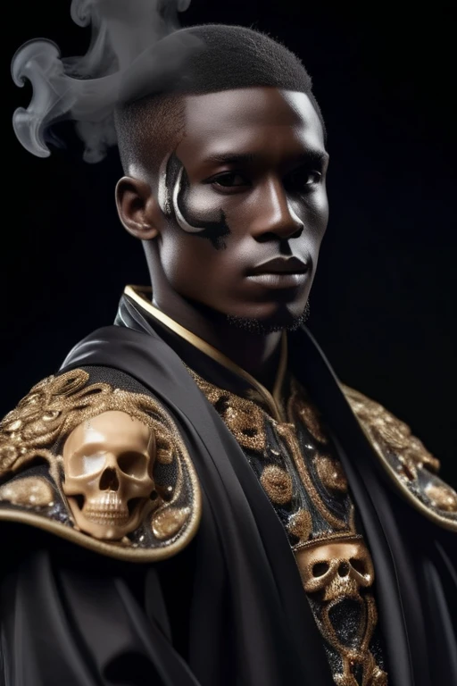 male soccer player standing sideways, black skin, brown hair, parted hair, wearing elaborate robe.half-body-shot, masterpiece, perfect face, intricate details,  epoxy_skull surrounded by black smoke, parted hair, preppy style hair, caramel color hair