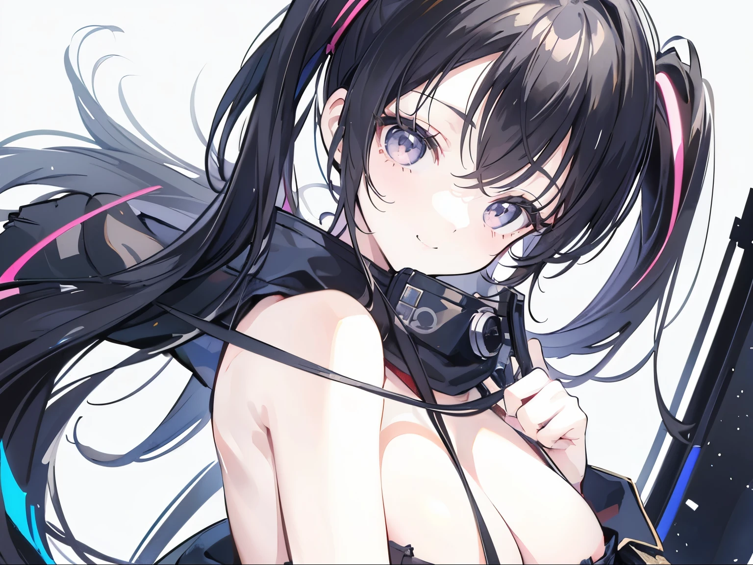 masterpiece,anime style,chibi,sexy girl,black hair,shoulder length hair with two pigtails,black jacket,with headphones,lo fi background,smiling,big breasts,listening to music,waiting on the right side of the image,showing cleavage,full body,standing,black t-shirt,alone,