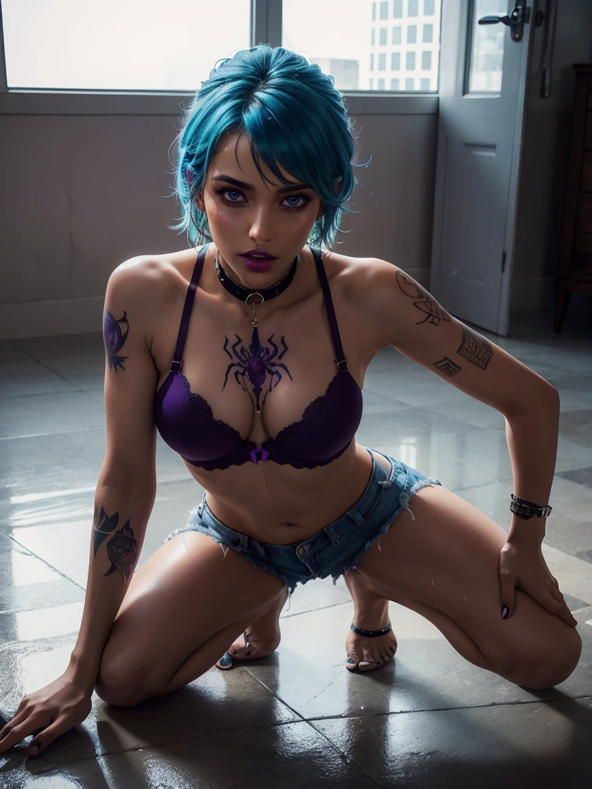 Sexy 8 year old girl, light blonde blue hair, tattoos all over her body, she has a tattoo of a spider on her chest, tattoos on her stomach, she is very skinny, flat breast, large nipples, very skinny waist, wearing a small bra and a ripped jean shorts, she is kneeling on the floor, bent forward, legs spread wide open, drenched in rain, her mouth is open, she looks terrified, she is wearing heavy makeup, bright lipstick, she is wearing a dog collar, navel piercing, large ear rings, thick purple eye liner