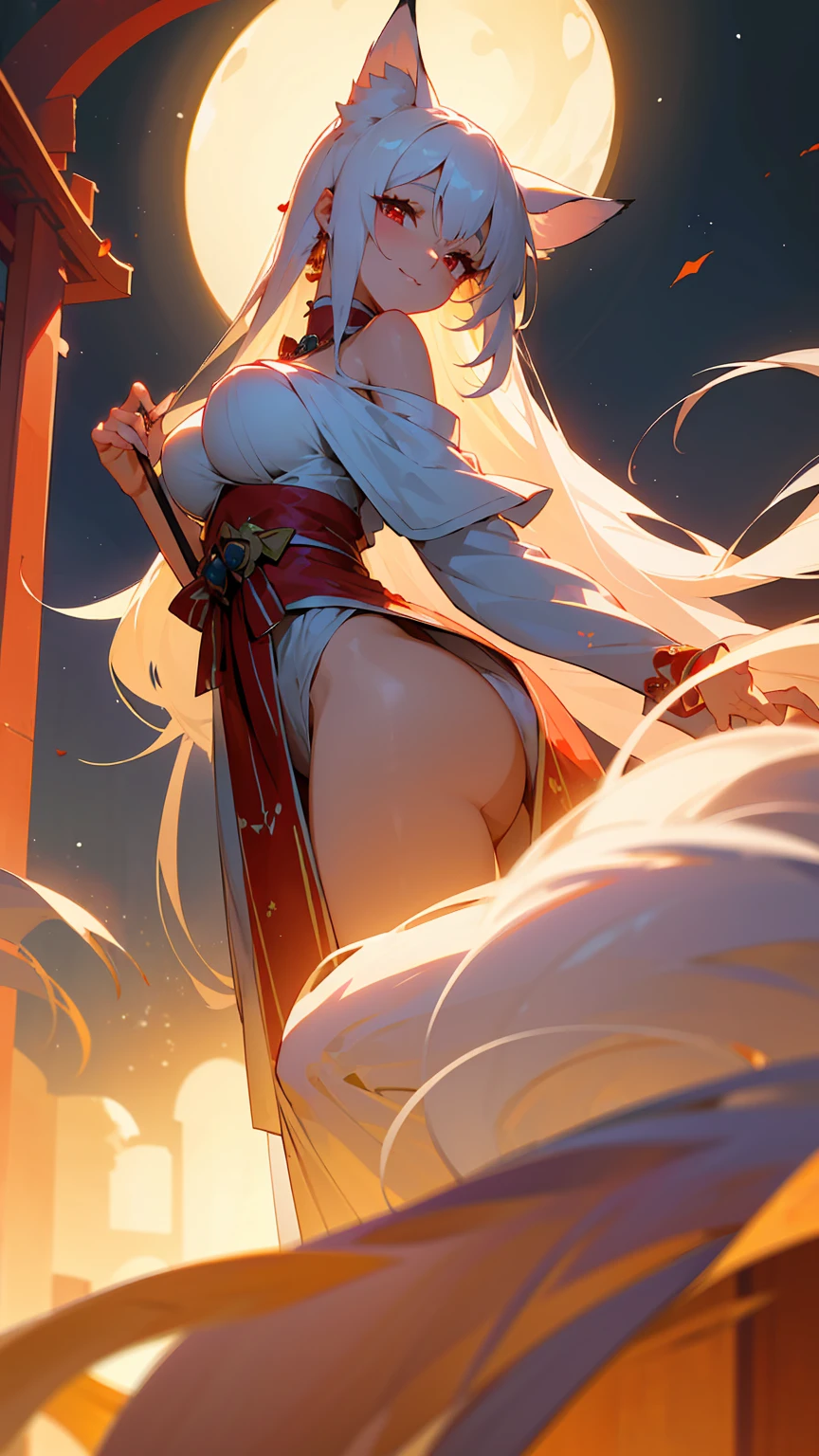 (8K, highest resolution, masterpiece: 1.4), (ultra-high definition, ultra-beautiful: 1.2), anime style: 1.2, A beautiful woman with long white hair and mesmerizing red eyes, adorned in an off-shoulder shrine maiden outfit. Her skin exudes a captivating gloss, giving her an otherworldly allure. Her big breasts are accentuated by the outfit, adding to her stunning beauty. She wears white fox ears and a matching tail that sway playfully as she moves. The background is a serene shrine at night, bathed in soft light, creating a dream. smile.