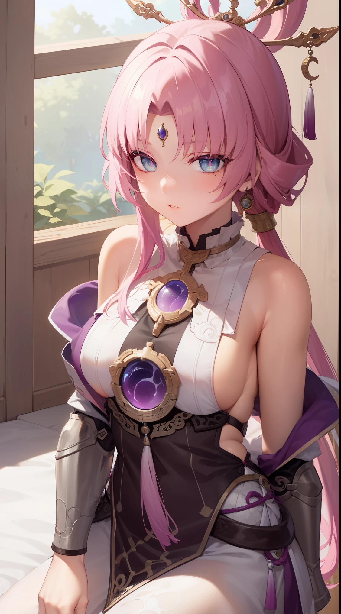 pink eye, pink hair,
BREAK (armor, japanese armor, kote, kusazuri, naginata, shirt, sideboob, sleeveless, sleeveless shirt, white headband, white shirt:1.2)
BREAK sitting, looking at the viewer, bed,
BREAK (masterpiece:1.2), best quality, high resolution, unity 8k wallpaper, (illustration:0.8), (beautiful detailed eyes:1.6), extremely detailed face, perfect lighting, extremely detailed CG, (perfect hands, perfect anatomy),