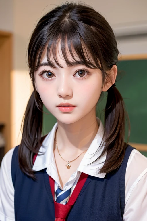 ((Highest quality))、(masterpiece:1.3)、Raw photo、8k、(Highest quality)、(Highest Resolution)、Beautiful face in every detail、Real、PhotoReal、(The most beautiful woman:1.3)、(The finest women) :1.3)、high school girl、(Small face)、Short Twin Tails、(high school girlの)、(The cutest girl)、(The cutest girl)、(The most beautiful girl in school:1.3)、(Country Road:1.3)、(With bangs)、(On the way to school)、(( 18 year old beauty))、Beautiful Hair、Long neck、tie、Everyone longs for、summer、Short sleeve、Red cheeks、(Big eyes)、necklace、Cute hairstyle、[[[smile]]]、clock