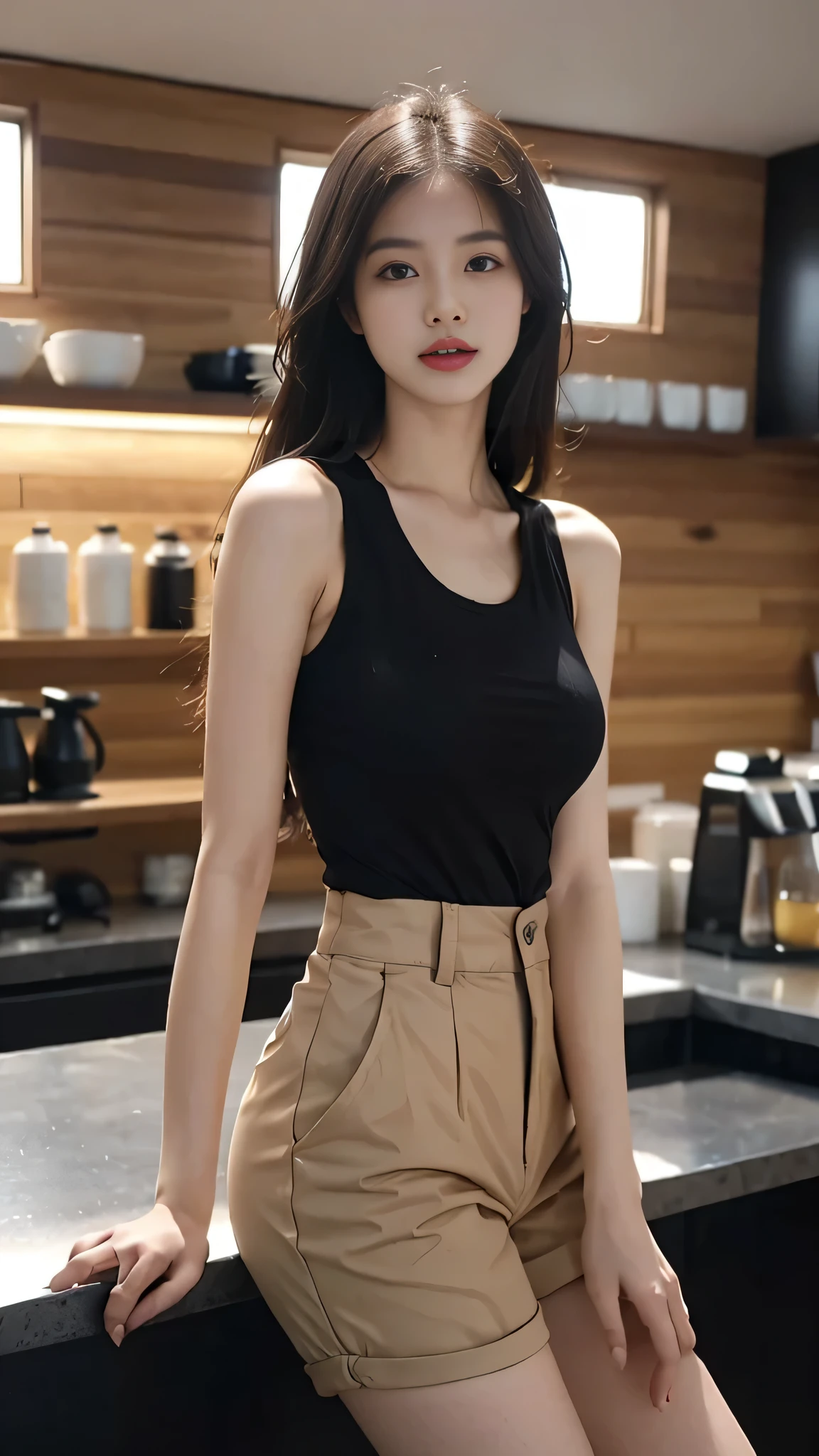 A perfect young female，Chinese in tank top and shorts, over size t-shirt and shorts in the coffee lab, chinese women's fashion model, smooth color tight clothes suit, CG rendering, Blurred background, deep shadow,  16K, bokered,   Very detailed, wallpaper, depth of field, movie light, lens flare, Ray tracing.