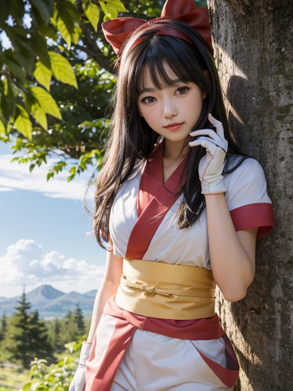 masterpiece, Best quality,1girl, red bow, bow, long hair, hair bow, Ainu clothing, solo, hair band, bird, black hair, fingerless gloves, short sleeves, gloves, sash, pants, bangs, red hair band, weapon, chest, brown eyes, white pants, kimono, nakoruru, light smile, official art, good composition, official pose, detailed portrait, portrait, bokeh, clouds and mountain background, samurai, onmyoji style, high resolution, Dramatic lighting and shadows, sun flares, blurred foreground