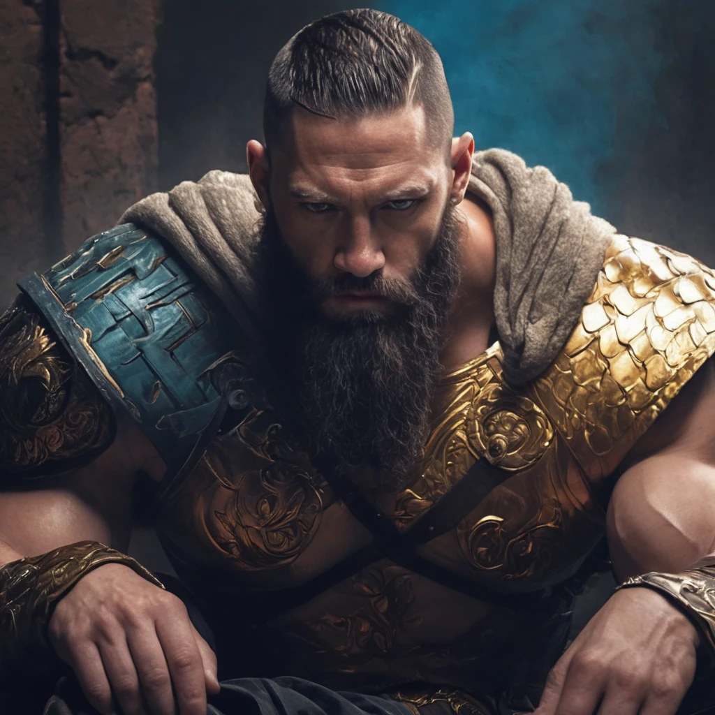 chiaroscuro technique on sensual illustration of an masculine, 26-year-old Italian male model, handsome Roman, (John Cena) he is the god of war, he is Ares, Mars, evil-looking, strong look, light blue eyes, strong jawline, dressed as a gladiator, ancient gladiator, male gladiator skirt, matte painting, by Harumi Hironaka, extremely soft colors, vibrant, pastel, highly detailed, digital artwork, high contrast, golden dramatic, refined, tonal, an intimate, seductive studio setting with a focus on sensuality and romance. Utilize soft, warm lighting that bathes the space in a gentle, inviting glow. Incorporate luxurious fabrics, plush furnishings, and a touch of decadence to evoke an opulent ambiance. The scene should exude an air of serenity and anticipation, inviting the viewer into a sensual and romantic space