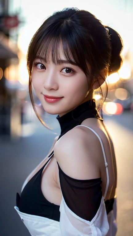 (highest quality,masterpiece:1.3,ultra high resolution),(Super detailed,caustics,8k),(photorealistic:1.4,RAW shooting),1 girl,(smile and look down at the camera),(front shot:1.1),(face forward),18-year-old,cute,Japanese,black short ponytail,,glamorous,(big boobs),( close up),(breast focus),street,sunshine,Natural light,(Backlight),(A bright light shines from behind),(Lens flare),professional writing,(cowboy shot),(low position:1.2),(Low - Angle:1.2)