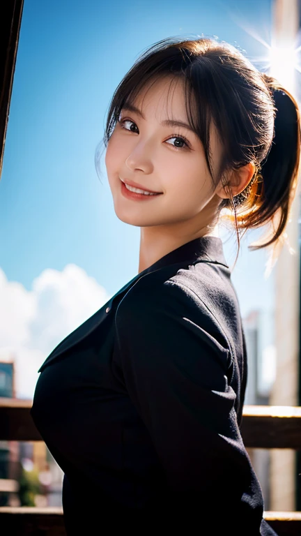 (Highest quality,masterpiece:1.3,Ultra-high resolution),(Very detailed,Caustics,8k),(Realistic:1.4,RAW shooting),1 person,(Smiling and looking down at the camera),(Front shot:1.1),(Look forward),18-year-old,cute,Japanese,Black short ponytail,school uniform,glamorous,(Big Breasts),( close),(breast focus),street,sunlight,Natural light,(Backlight),(A bright light shines from behind),(Lens flare),Professional Writing,(Cowboy Shot),(Low position:1.3),(Low Angle:1.3)