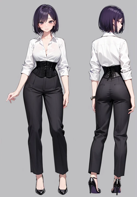 Purple hair,short hair,Adult female,(bartender),((Roll up your shirt sleeves)),(Rolling up the sleeves of his shirt),(corset),(slacks),(High heels),((Simple Background)),smile,((whole body)),((full body)),Character Sheet,