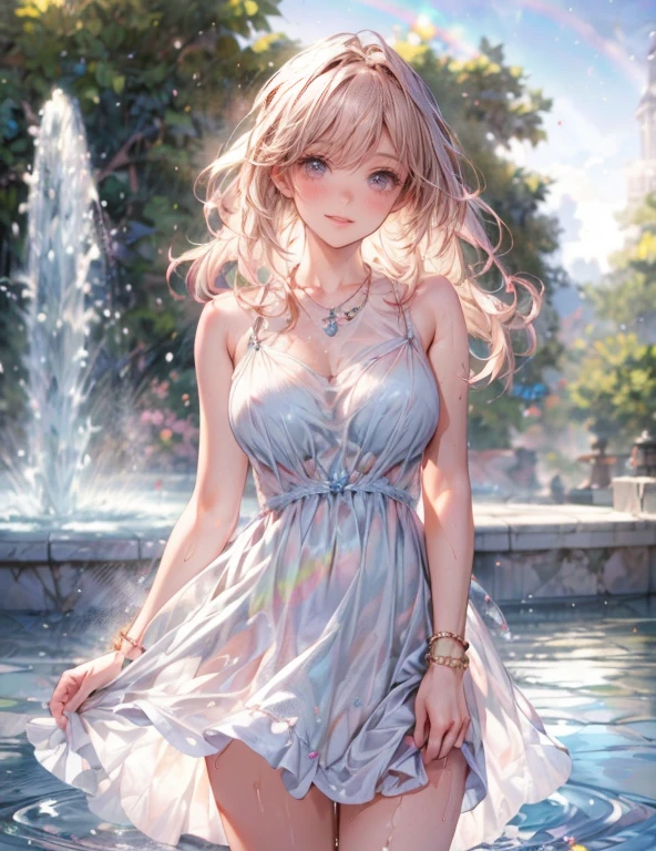 masterpiece:1.2, highest quality, 16k, highres, ultra-realistic, photorealistic:1.37, beautiful detailed:1.2, cute girl, beautiful woman, standing in the park, fountain(with rainbow appears, high spray of water, misty water, popping water droplets, splashing water), beautiful delicate artistic avant-garde posing, beauti fuldelicate revealing summer dress, gently smile, beautiful delicate(hair, face, long eyelash, eyes, pupils, lips, knee, anklet, dress), sparkling eyes, shining rosy lips, blushed cheek, through bangs