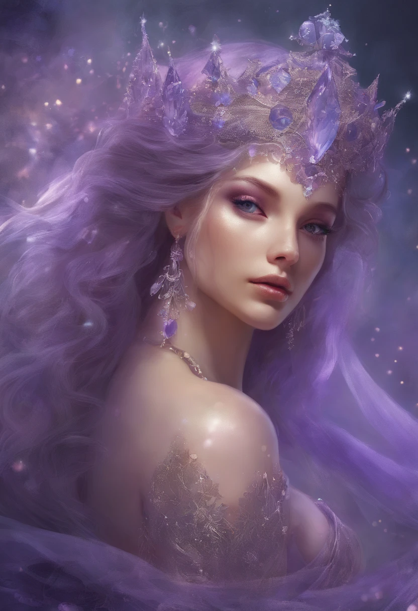 Realism, painting, Fantastic fairy tale, fantastic style, John Tolkien style, small painting by Jean-Baptiste Mo, Close-up. 
Diamonds + glass beads +beads+ filigree jewelry+ Lush large open female bust + lack of clothes + sensual princess Rapunzel + cleavage + the thinnest transparent lavender tulle, with a lively natural structure of dry skin and pores, mystical morning lighting, a book image in the RPG genre, an image from "Dungeons and Dragons", a fantasy image.