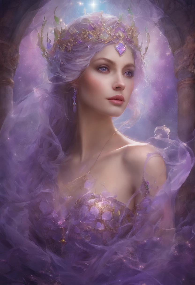 Realism, painting, Fantastic fairy tale, fantastic style, John Tolkien style, small painting by Jean-Baptiste Mo, Close-up.
Diamonds + glass beads +beads+ filigree jewelry+ Lush large open female bust + lack of clothes + sensual princess Rapunzel + cleavage + the thinnest transparent lavender tulle, with a lively natural structure of dry skin and pores, mystical morning lighting, a book image in the RPG genre, an image from "Dungeons and Dragons", a fantasy image.