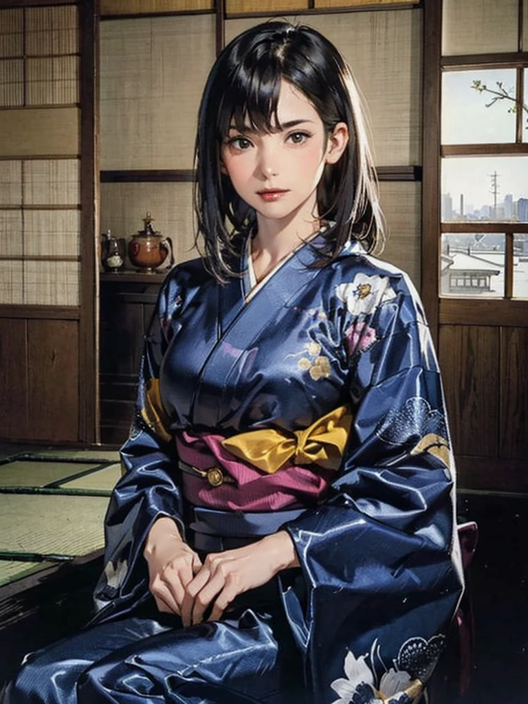 (highest quality、8K、32k、masterpiece)、(masterpiece,newest,exceptional:1.2), anime,1girl,bangs,black_hair, beautiful 8k eyes,cloud,day,dress,looking_at_viewer,outdoors,red_neckwear,red_ribbon,ribbon,river,short_hair,short_sleeves,sky,skyscraper,solo,standing,town,water、((Very beautiful woman, Fuller lips, Japanese pattern kimono))、((Colorful Japanese kimono)))、(((Medium Shot)))、Blunt bangs、(High resolution)、、very beautiful face and eyes、1 girl 、round and small face、thin waist、delicate body、(highest quality high detail Rich skin details)、(highest quality、8K、oil paint:1.2)、Super detailed、(realistic、realistic:1.37)、bright colors、(((Black Hair)))、(((Long Hair)))、(((Cowboy photos)))、((( Inside an old Japanese house)))、(masterpiece, top quality, best quality, official art, beautiful and aesthetic:1.2), (1girl), extreme detailed,(fractal art:1.3),colorful,highest detailed,Sengoku period