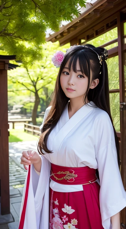 hightquality、​masterpiece、ultra res、a beauty girl、cute girl face、temple、shrine maiden、Wearing priestess clothes、full bodyesbian、Famous actresses of Japan、very beautiful face
