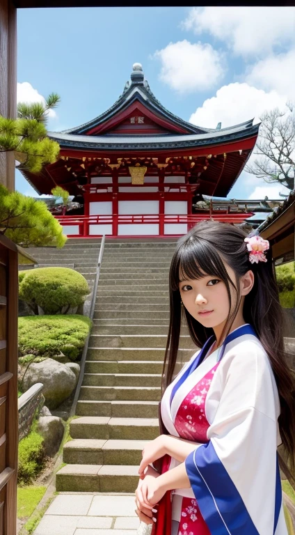 hightquality、masterpiece、ultra res、a beauty girl、cute girl face、temple、shrine maiden、Wearing priestess clothes、full bodyesbian、Famous actresses of Japan、very beautiful face