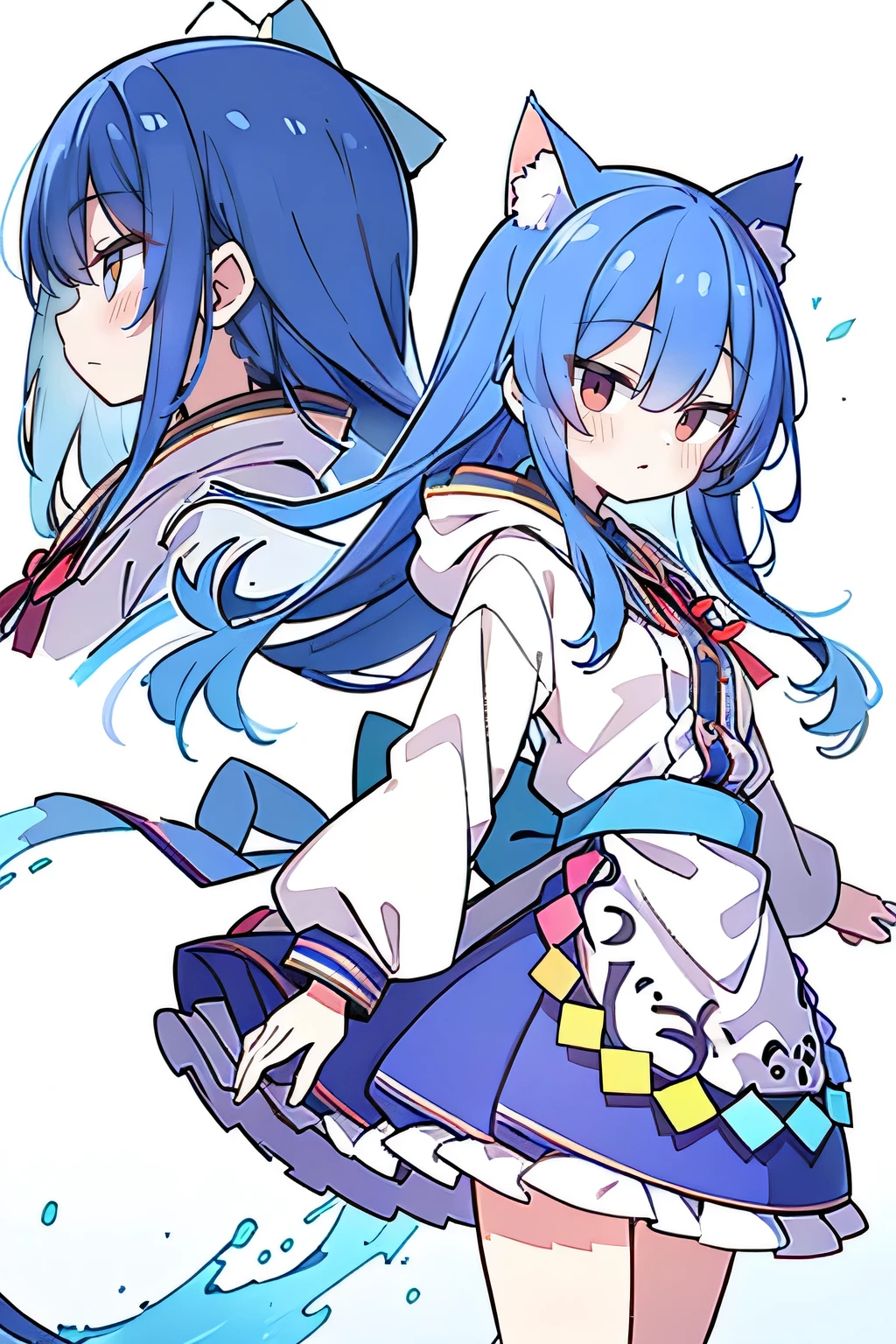 （masterpiece：1.2），Super detailed，lifelike，Expressive eyes，fair skin，perfect face shape，1 girl，
Japanese comics,Gorgeous blue hair,flowing blue hair,flowing clothes,Cat ears,Petals fall,beautiful lola,Baby Angel,sunrise,
Shaking head with one hand，Cross your legs，Gentle and peaceful background，The pavilion is cool and comfortable,smile, wearing hoodie, background of tokyo,back views,snowing, winter.