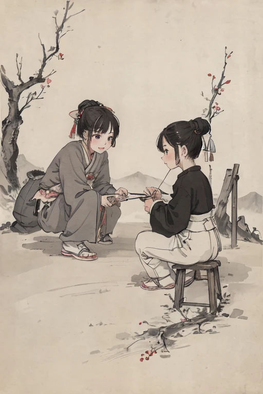 (masterpiece, best quality: 1.2), traditional Chinese ink painting, two children