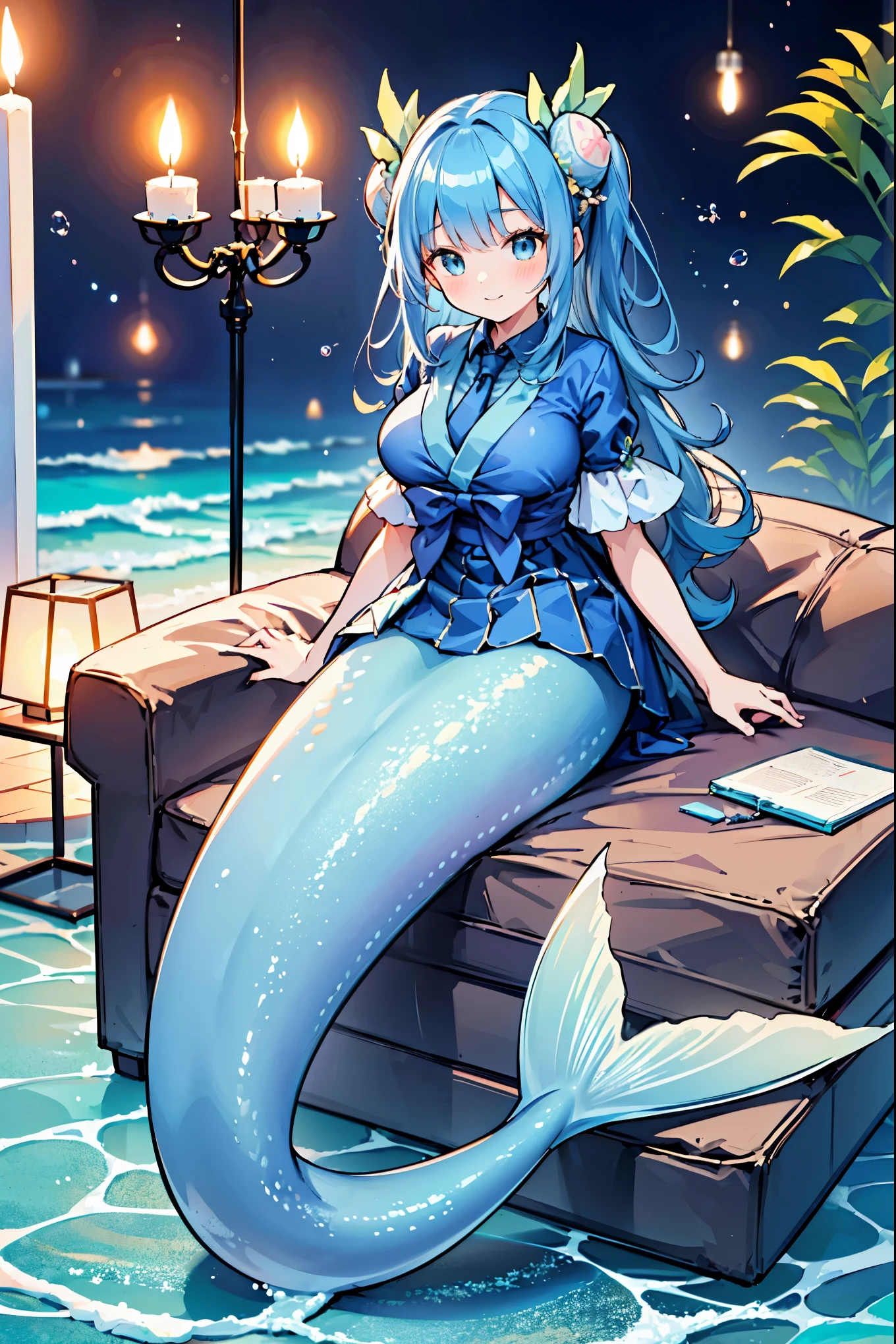 masterpiece, best quality(Full fingers),A woman,Large Breasts,Mermaid,Blue shirt,Blue skirt,藍色的Mermaid尾巴,full-body shot,seabed,Underwater,Sitting,charming脸(Kawaii, charming,Soft)