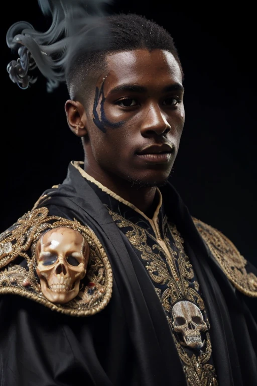 male soccer player standing sideways, black skin, brown hair, parted hair, wearing elaborate robe.half-body-shot, masterpiece, perfect face, intricate details, epoxy_skull surrounded by black smoke, parted hair, preppy style hair, caramel color hair