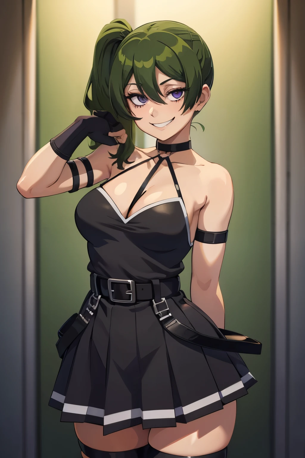 1 hot girl, green hair, side ponytail, purple eyes, grin, gorgeous, ubel, hands behind back, mischievous, black dress, cleavage, belt, arm strap, single elbow glove, thigh strap, small breasts