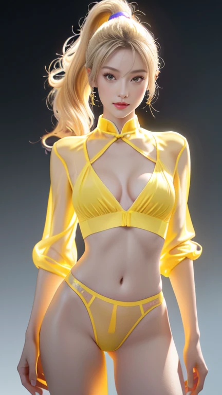 8K Ultra HD、Digital SLR Camera、soft light、high quality、Volumetric Lighting、frank、photo、high resolution、4K、8k、Bokeh，The eyes and face are very detailed，Clear eyes，Bright Eyes, Delicate lips, Smile shyly, Pretty Face，Oval face, Create stunning girl images, warm color, Very high color saturation，The legs look very long from the front，dynamic poses，Normal standing posture，black background，Chinese fairy tale women，Golden Ratio, Minimalism，Transparent and visible skin, bright yellow clothing，Sheer silk long-sleeved shirt，Transparent underwear，lemon yellow hair、Gradient Hairstyle，Cleavage、Exposed breasts、sexy、very detailed breasts, d cup size，
