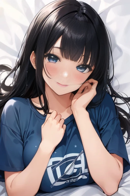 masterpiece、highest quality、Woman 1、Very detailed Black Hair、Blunt bangs blue eyes、Sparkling eyes smile、blush T-Shirts Face is close、Face close-up、Bring your face closer、Sheetに寝転がる、Lie down Sheet