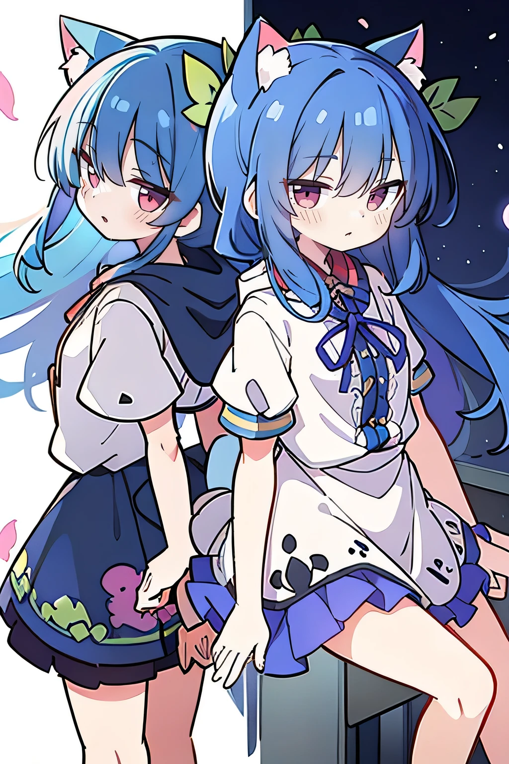 （masterpiece：1.2），Super detailed，lifelike，Expressive eyes，fair skin，perfect face shape，1 girl，
Japanese comics,Gorgeous blue hair,flowing blue hair,flowing clothes,Cat ears,Petals fall,beautiful lola,Baby Angel,sunrise,
Shaking head with one hand，Cross your legs，Gentle and peaceful background，The pavilion is cool and comfortable,smile, wearing hoodie, background of tokyo,back views,snowing, winter.
