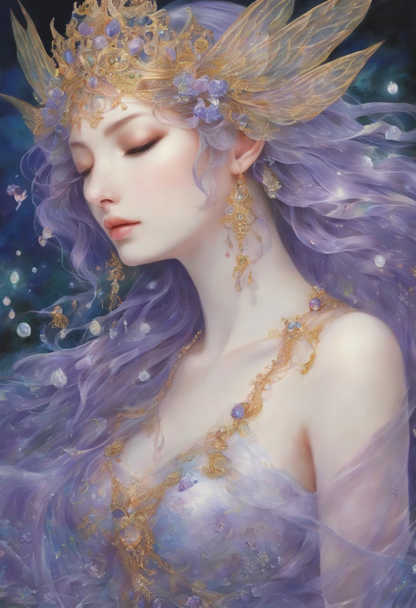 Realism, painting, Fantastic fairy tale, fantastic style, John Tolkien style, small painting by Jean-Baptiste Mo, Close-up.
Diamonds + glass beads +beads+ filigree jewelry+ Lush large open female bust + lack of clothes + sensual princess Rapunzel + cleavage + the thinnest transparent lavender tulle, with a lively natural structure of dry skin and pores, mystical morning lighting, a book image in the RPG genre, an image from "Dungeons and Dragons", a fantasy image.