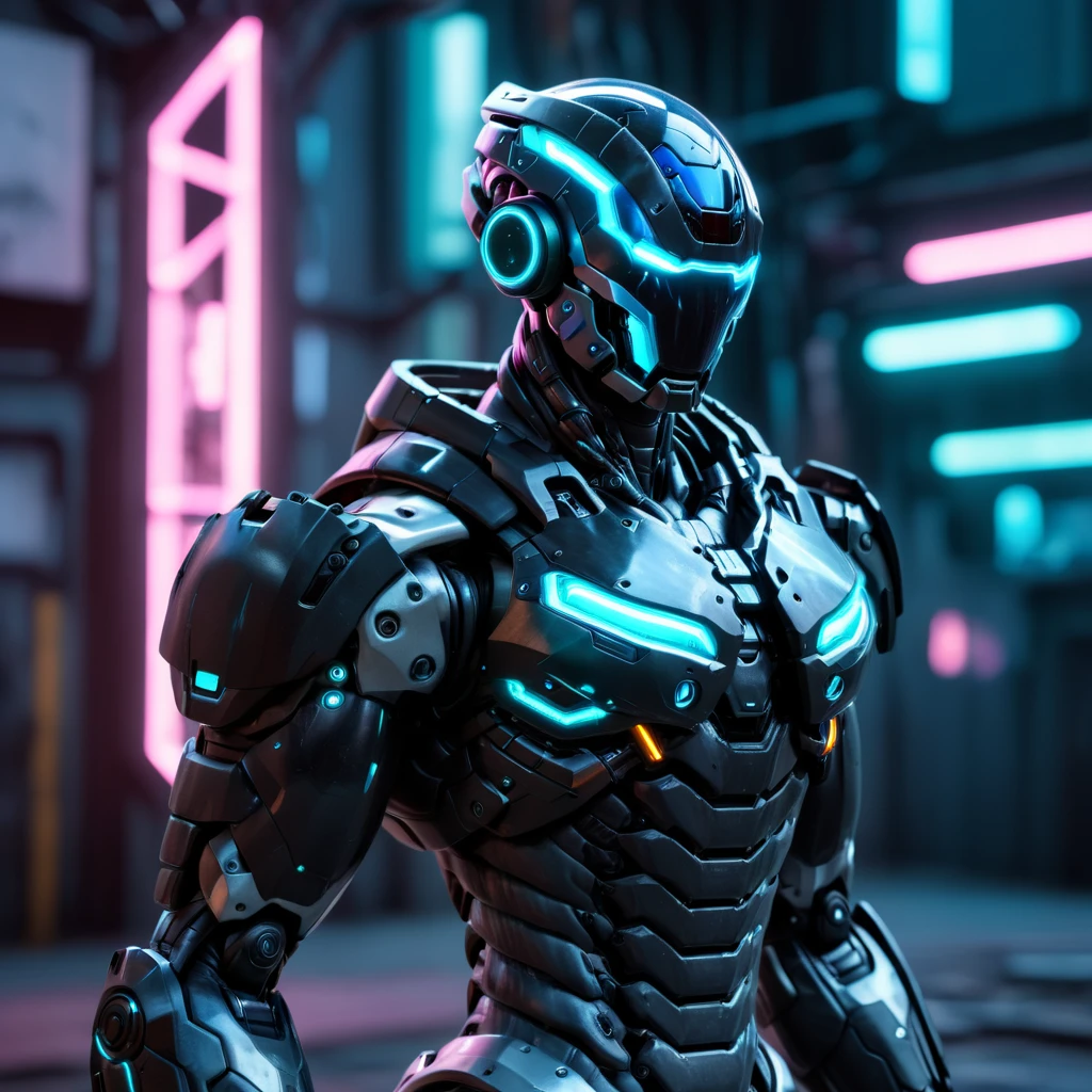 Cyberpunk cyborg, neon ambiance, abstract black oil, gear mecha, detailed acrylic, grunge, intricate complexity, rendered in unreal engine, photorealistic