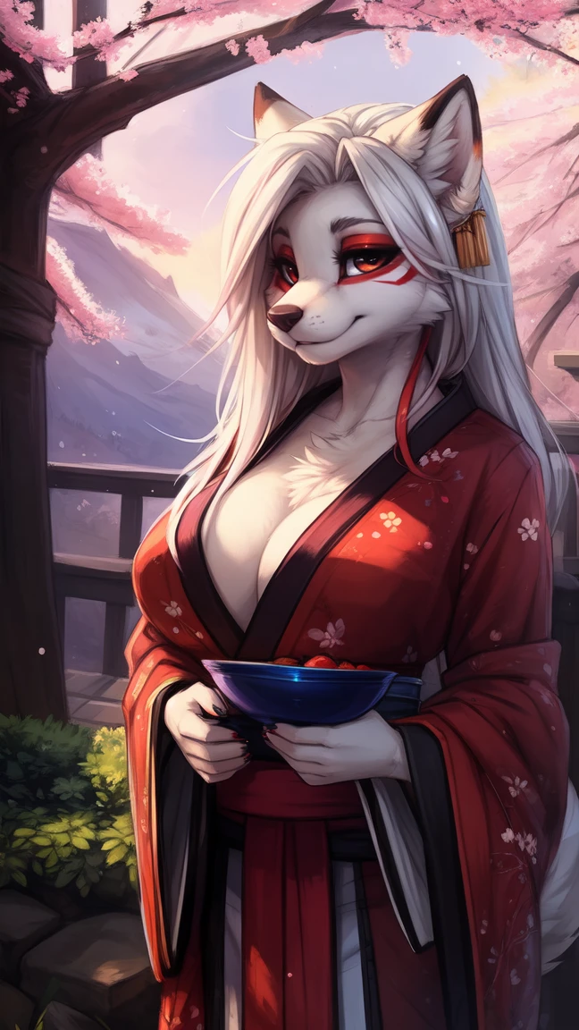 by kenket, Ross Tran, ruan jia, zaush, foxovh, by Zackary911, by hyattlen, by teranen, by fumiko, by Pixelsketcher, by fluff-kevlar, bye r-mk, by Dimwitdog, Furry, Anthro, (geisha), (luxurious kimono), female white fox with red markings, kemono, (huge breasts), long (elegant) white hair, hourglass body, alluring eyes, looking at viewer, red markings on face, white fur, traditional japanese, magic fantasy, (mature), milf, tall, curvy, outdoors, cherry blossoms, nighttime, (red eyeshadow), red eyeliner,