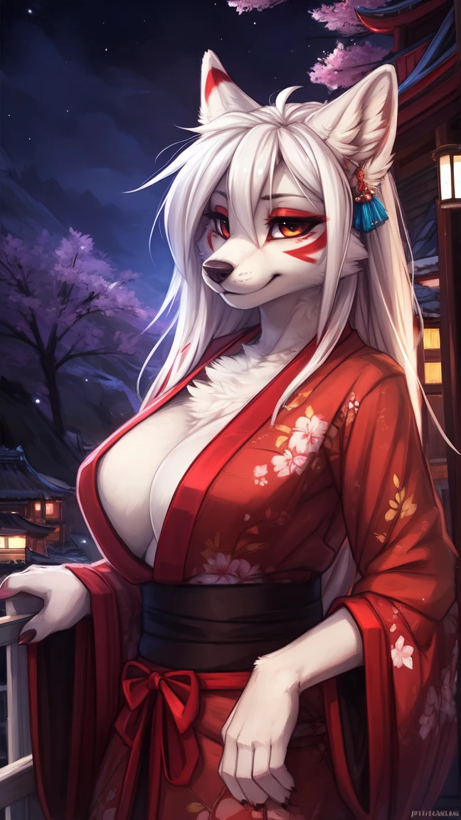 by kenket, Ross Tran, ruan jia, zaush, foxovh, by Zackary911, by hyattlen, by teranen, by fumiko, by Pixelsketcher, by fluff-kevlar, bye r-mk, by Dimwitdog, Furry, Anthro, (geisha), (luxurious kimono), female white fox with red markings, kemono, (huge breasts), long (elegant) white hair, hourglass body, alluring eyes, looking at viewer, red markings on face, white fur, traditional japanese, magic fantasy, (mature), milf, tall, curvy, outdoors, cherry blossoms, nighttime, (red eyeshadow), red eyeliner,