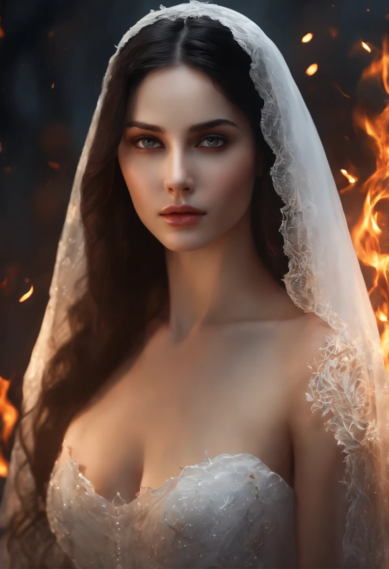 (best quality), (masterpiece), (Reality), Girl&#39;s upper body close-up, 1 girl, Black Hair, Long hair, White Veil, Lightning dendrites, Delicate eyes, beautiful facial features, Surrounded by flames, Game CG, Ultra Detailed