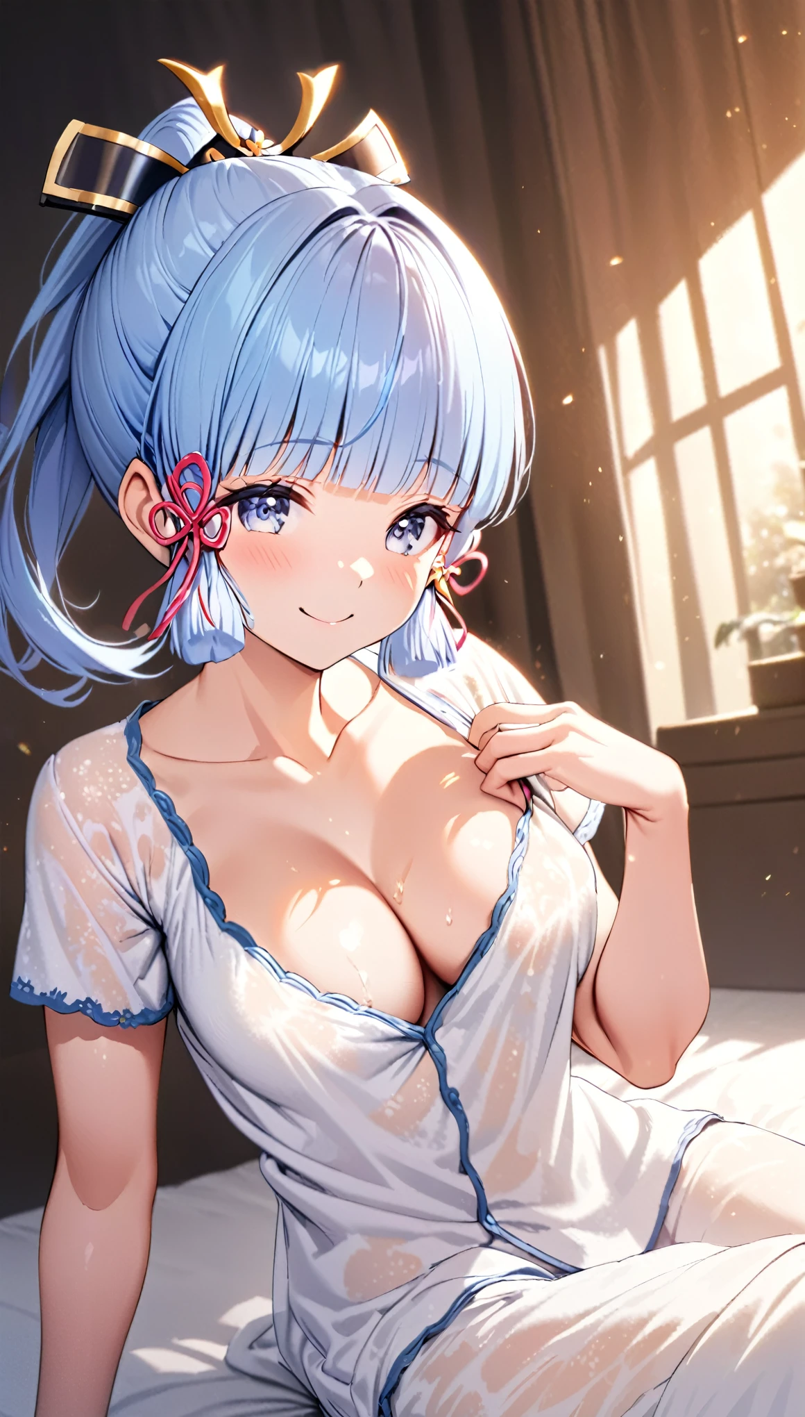 Ayaka,((blue hair)), elf,beautiful face,smiling, fit body, moderate breast,sitting on a bed,wearing white pajama,illustration,detailed textures,ultra-detailed(realistic),portrait style,vivid colors,soft lighting. 