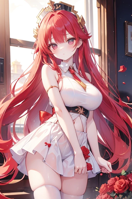 Masterpiece quality，The best quality assurance。A red hair、Cute girl with golden eyes。Tsundere，Exudes magic，With a rose headdress，Long hair flutters in the wind，naughty big breasts，White sportswear，Genki girl，Behind it is the desert