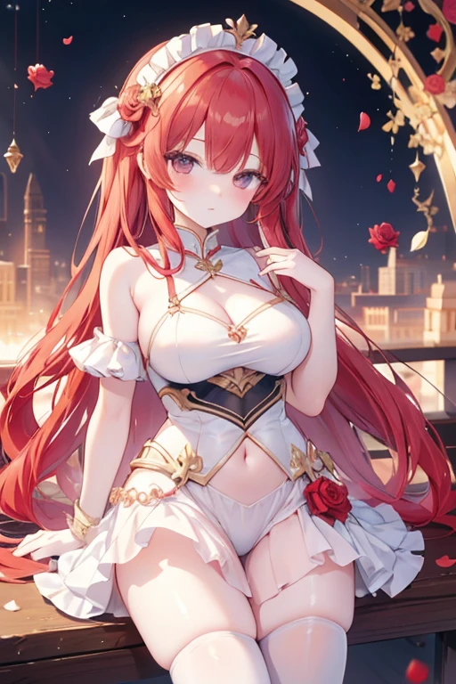 Masterpiece quality，The best quality assurance。A red hair、Cute girl with golden eyes。Tsundere，Exudes magic，With a rose headdress，Long hair flutters in the wind，naughty big breasts，White sportswear，Genki girl，Behind it is the desert