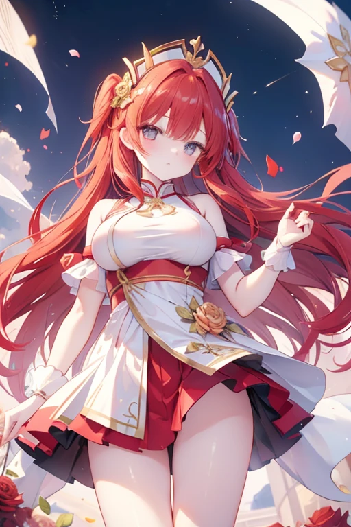 Masterpiece quality，The best quality assurance。A red hair、Cute girl with golden eyes。Tsundere，Exudes magic，With a rose headdress，Long hair flutters in the wind，naughty big breasts，White sportswear，Genki girl，Behind it is the desert