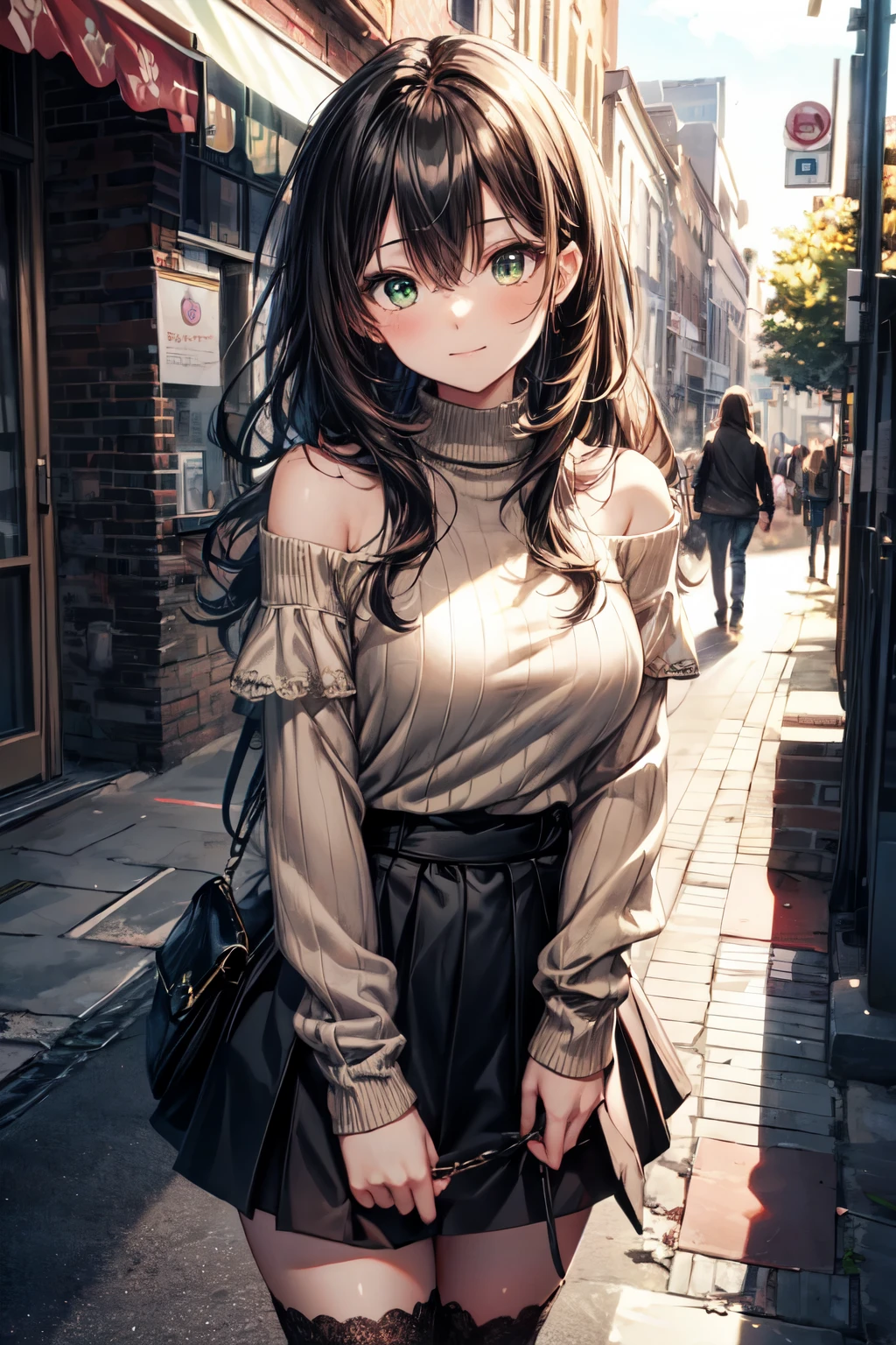 (masterpiece:1.2, top-quality), (realistic, photorealistic:1.4), beautiful illustration, (natural side lighting, movie lighting),
looking away, (face focus, upper body, from below), 1 girl, japanese, high school girl, 14 years old, perfect face, perfect body, cute and symmetrical face, shiny skin, babyface, tiny,
(short hair:1.5, (low ponytail):1.6, long sideburns, light brown hair), asymmetrical bangs, dark blue eyes, big eyes, drooping eyes, (middle breasts, seductive thighs, big ass),
beautiful hair, beautiful face, beautiful detailed eyes, beautiful clavicle, beautiful body, beautiful chest, beautiful thigh, beautiful legs, beautiful fingers,
(((off-shoulder dug-egg-green sweater), sleeveless black turtleneck sweater, brown tight mini skirt, ), emerald green hair ribbon),
(beautiful scenery), evening, (street), standing, (lovely smile, upper eyes, open mouth),