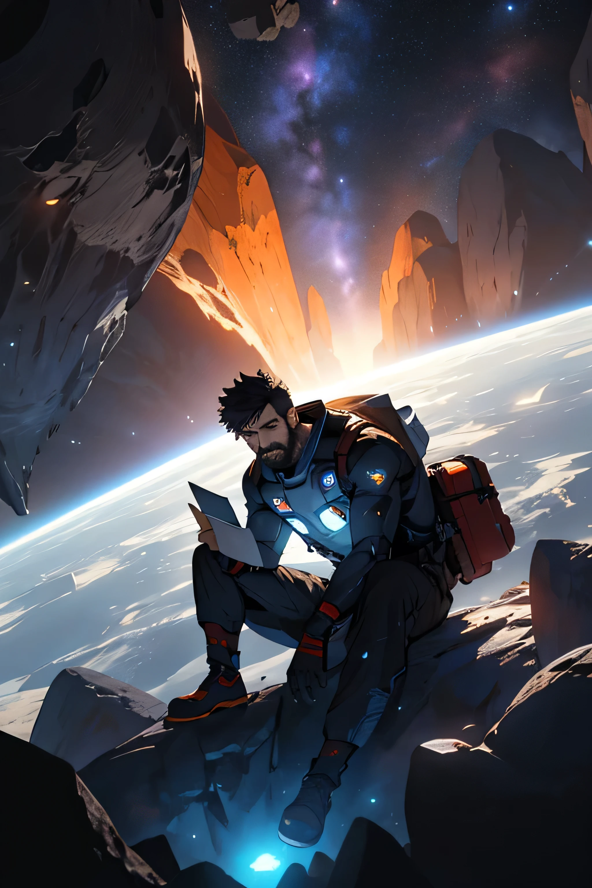 Draw a young programmer, sitting on a research platform floating in the middle of an asteroid belt. He is studying with a notebook, surrounded by several asteroids glowing with fiery auras. Dramatic lighting from distant stars and planets illuminates the scene, casting deep shadows on the suit. The young man looks confident and determined, looking at the vast and mysterious universe with wonder and respect,facial hair, cowboy shot,
