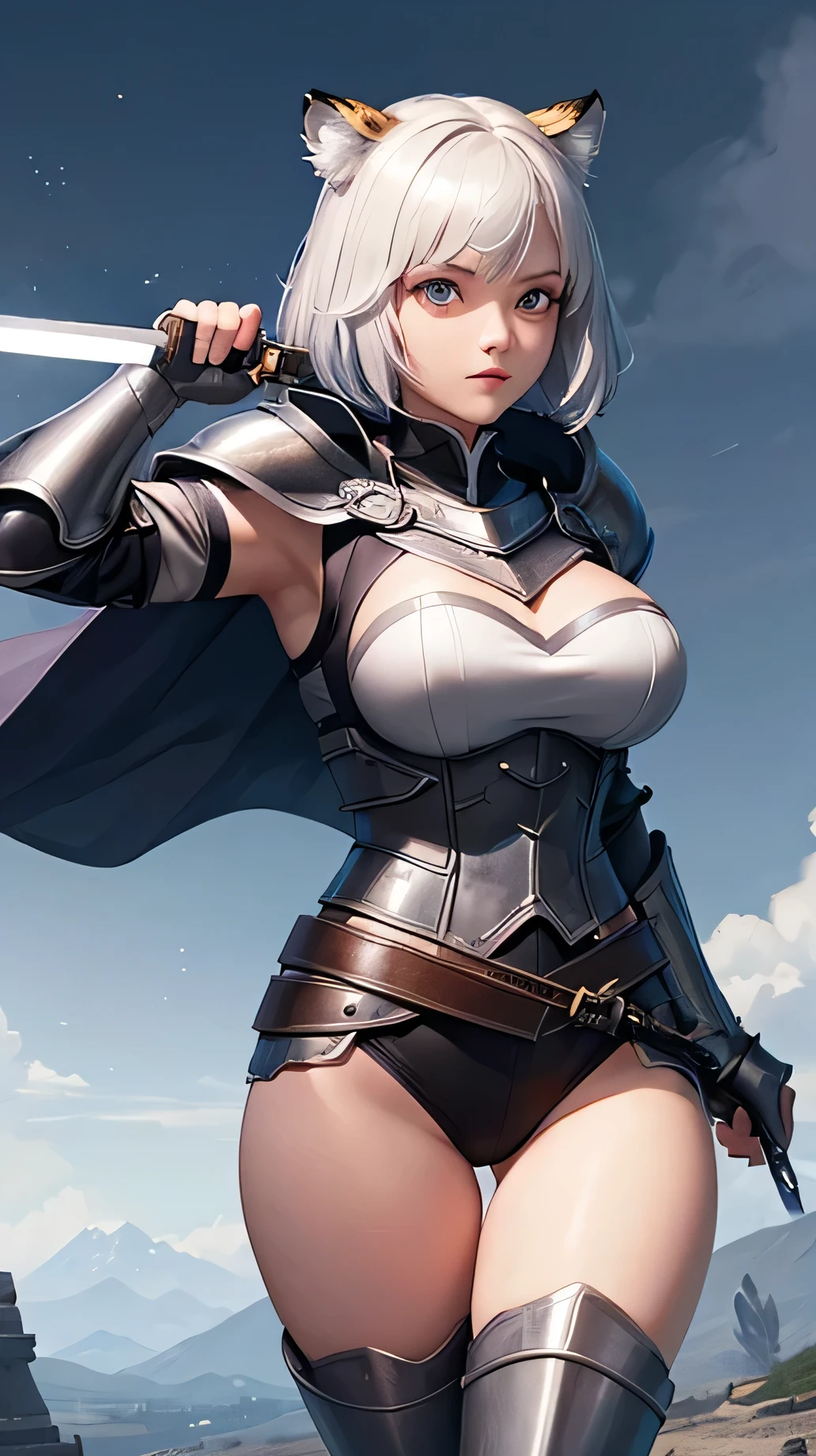 ((Highest quality))、((8K))、((Adventurer))、woman、Big eyes、Double、Soft、Adult woman、whole body、(sword)、((Sword on waist))(leather armor)、((whole body鎧))、Tiger ears、Silver Hair、Short Hair、((battlefield))、Cape、((Real))、Big Breasts、pants、