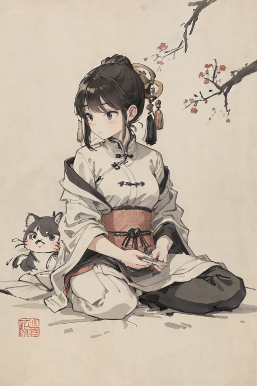 (masterpiece, best quality: 1.2), traditional Chinese ink painting, two children