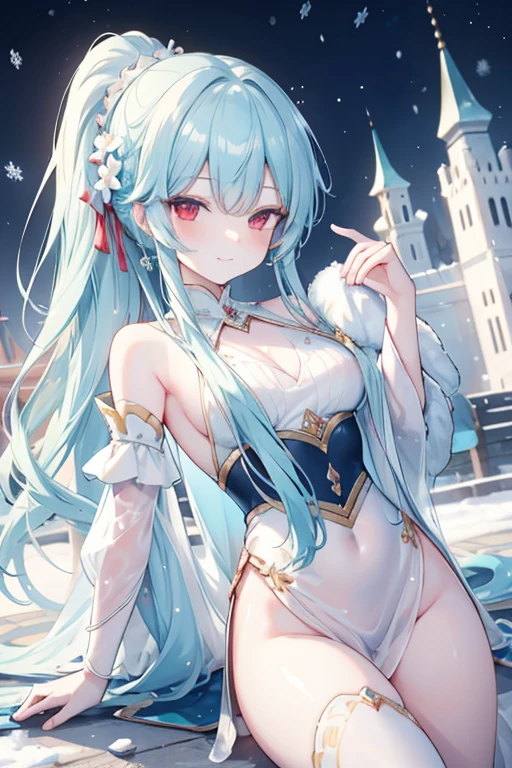 [[[ ultra-detailed, best quality, soft skin, beautiful, 4K]]] high definition, cyan hair, silky hair, red eyes, long hair, ponytail, royal clothes, fit body, snowy palace, white flower hairpin, princess, smirking