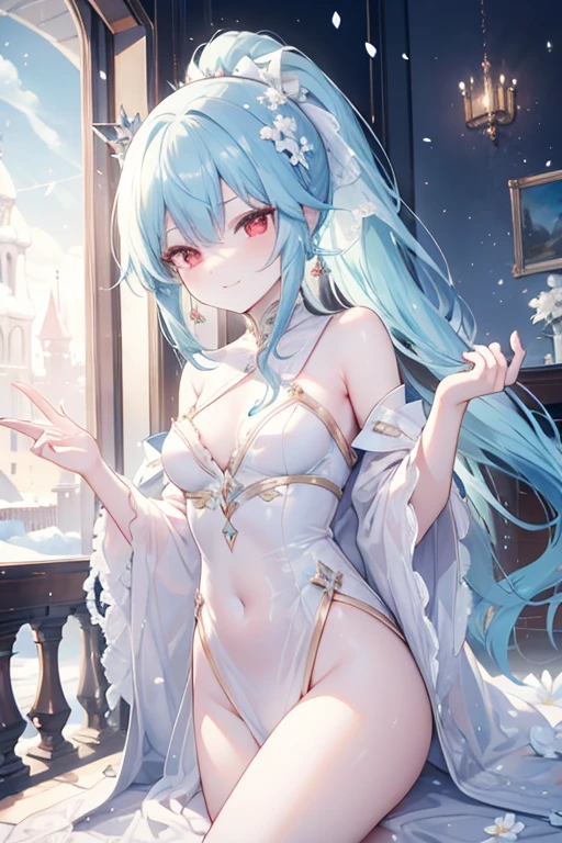 [[[ ultra-detailed, best quality, soft skin, beautiful, 4K]]] high definition, cyan hair, silky hair, red eyes, long hair, ponytail, royal clothes, fit body, snowy palace, white flower hairpin, princess, smirking