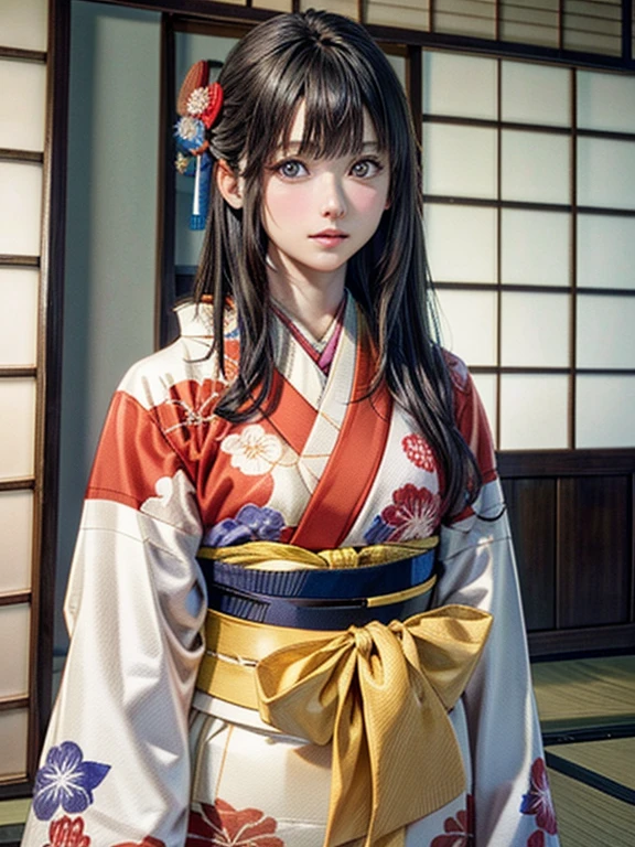 (highest quality、8K、32k、masterpiece)、(masterpiece,newest,exceptional:1.2), anime,1girl,bangs,black_hair, beautiful 8k eyes,cloud,day,dress,looking_at_viewer,outdoors,red_neckwear,red_ribbon,ribbon,river,short_hair,short_sleeves,sky,skyscraper,solo,standing,town,water、((Very beautiful woman, Fuller lips, Japanese pattern kimono))、((Colorful Japanese kimono)))、(((Medium Shot)))、Blunt bangs、(High resolution)、、very beautiful face and eyes、1 girl 、round and small face、thin waist、delicate body、(highest quality high detail Rich skin details)、(highest quality、8K、oil paint:1.2)、Super detailed、(realistic、realistic:1.37)、bright colors、(((Black Hair)))、(((Long Hair)))、(((Cowboy photos)))、((( Inside an old Japanese house)))、(masterpiece, top quality, best quality, official art, beautiful and aesthetic:1.2), (1girl), extreme detailed,(fractal art:1.3),colorful,highest detailed,Sengoku period(High resolution)、Very beautiful face and eyes、1 girl 、Round and small face、Narrow waist、Delicate body、(highest quality high detail Rich skin details)、(highest quality、8k、Oil paint:1.2)、(Realistic、Realistic:1.37)、