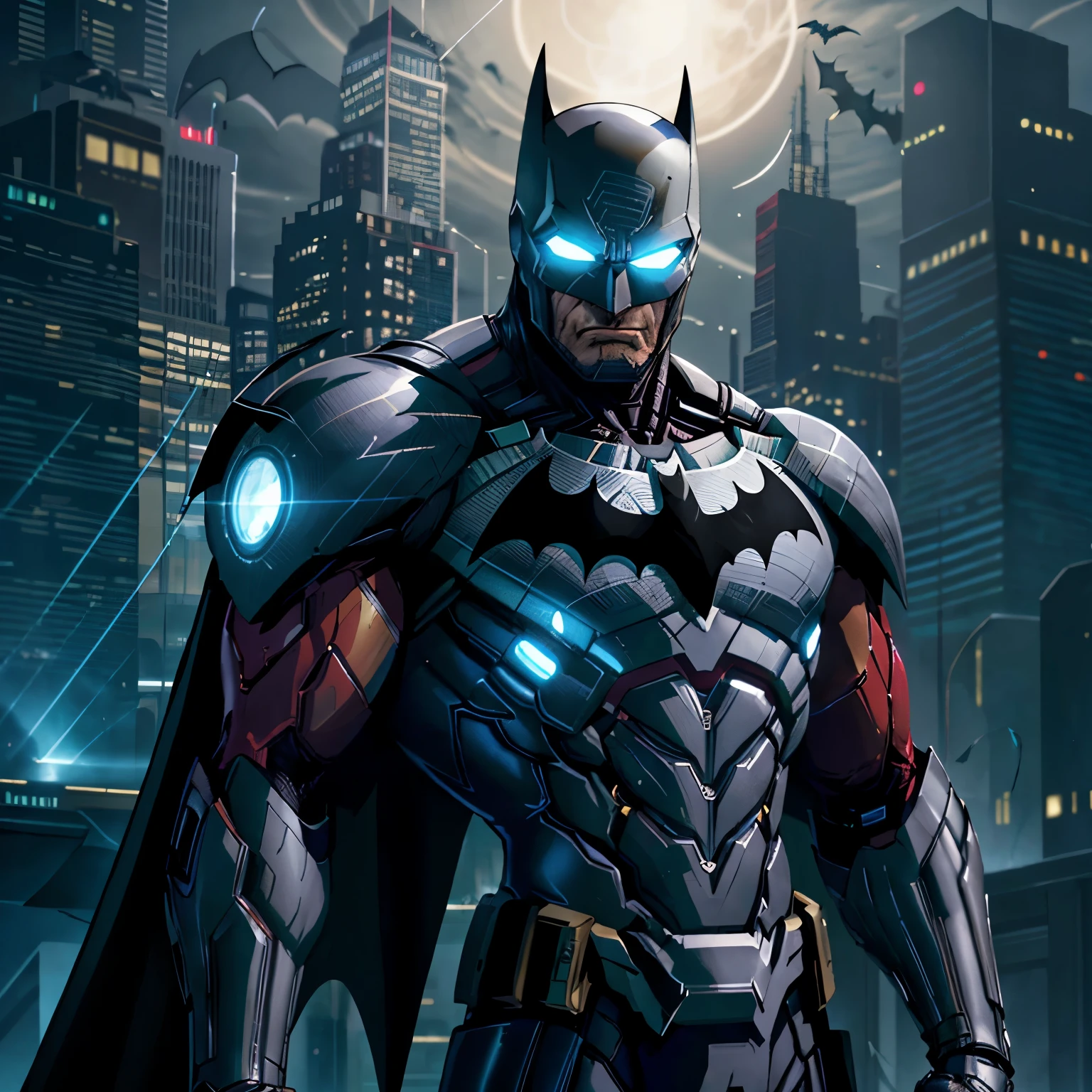 Describe a futuristic Batman suit, modeled after Iron Man's armor. In the dimly lit gotham cityscape, the suit stands out with its glowing accents and sleek, metallic surface. The suit's armor plates are a dark, matte gray, contrasting with the bright, golden repulsor emblems on the chest and hands. The edges of the armor are sharp and defined, reflecting the intricate details of Batman's iconic symbol. The suit's body is streamlined and flexible, allowing for batman's signature acrobatics. The helmet is a seamless integration of technology and tradition, with a bat symbol that glows with