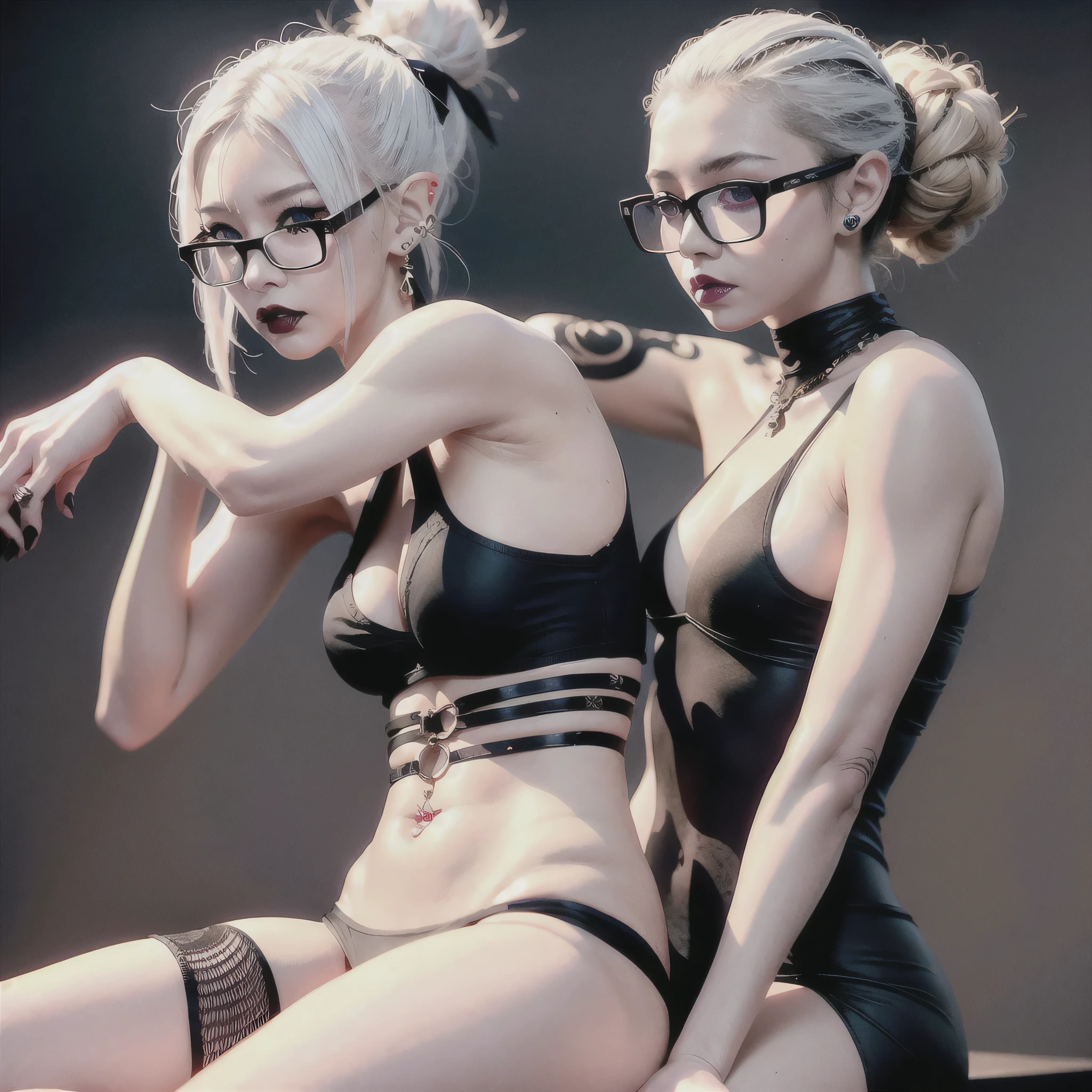 Asian elf girl, gray skin, neck tattoo, arm tattoo, white eyes, white hair, high bun, full lips, square glasses, nose piercing, gothic clothes, rock band concert, face close.